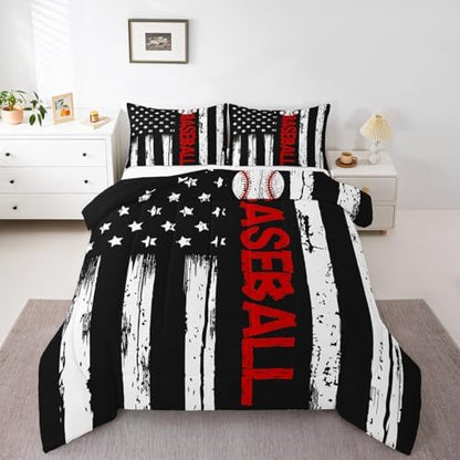 Erosebridal Baseball Comforter Set Full Sports Bedding for Boys Kids Teens USA Flag Quilt Set 3pcs Baseball Print Duvet Geometric Stripe Bedding Set with 2 Pillow Sham Breathable Vintage Home Decor