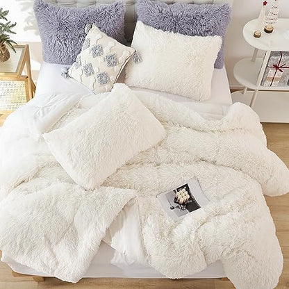 Smoofy Fluffy Queen Comforter Set, Beige Faux Fur Comforter Set 3 Pieces