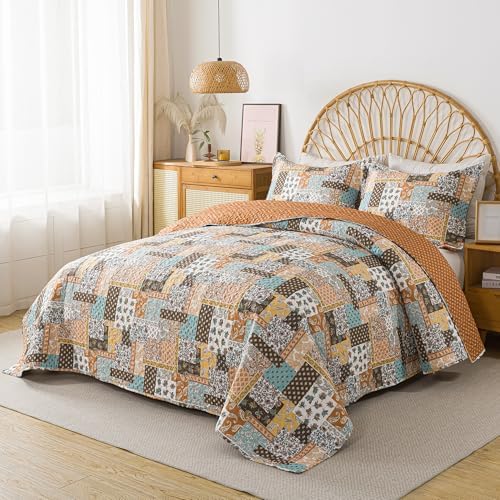 HoneiLife King Size Quilt Set - 3 Piece Microfiber Quilts Reversible Bedspreads Patchwork Coverlets Paisley Bedding Set for King Beds