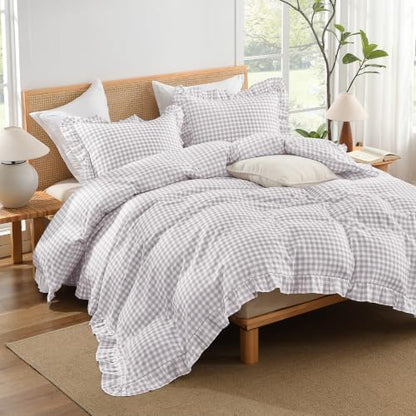 Andency Light Grey Gingham Duvet Cover Full, Ruffle Chic Bedding Set 3 Pcs