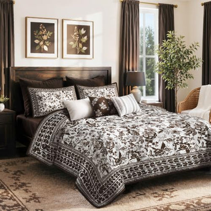 FLYMME Brown and White Vintage Floral Quilt Set Twin Size, 2-Piece Classic Reversible Bedspread Coverlet with 1 Pillow Sham, Lightweight Botanical Bedding Set for All Season