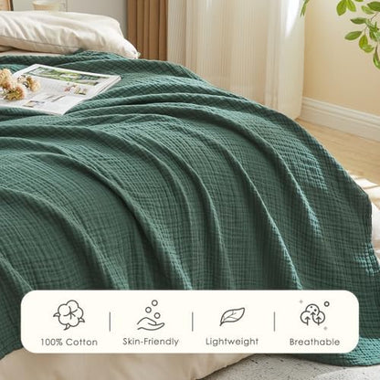 EMME Muslin Blankets for Adults Throw Blanket for Couch Breathable Gauze Soft Lightweight Airy Forest Green Twin 60" x 80"