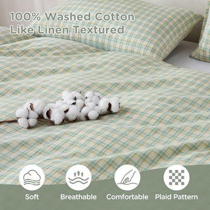 TOCOMOA Plaid Duvet Cover Set 100% Washed Cotton Like Linen, Queen