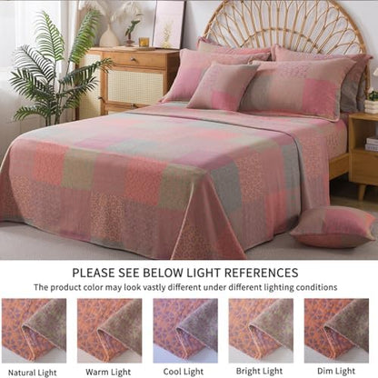 FADFAY King Sheets Set 100% Cotton Washed Double Gauze Muslin Bedding 4-Piece Boho Patchwork Checkered Floral Sheets Shabby Geometry Farmhouse Bedding Super Soft Deep Pocket Fitted Sheet, King Size