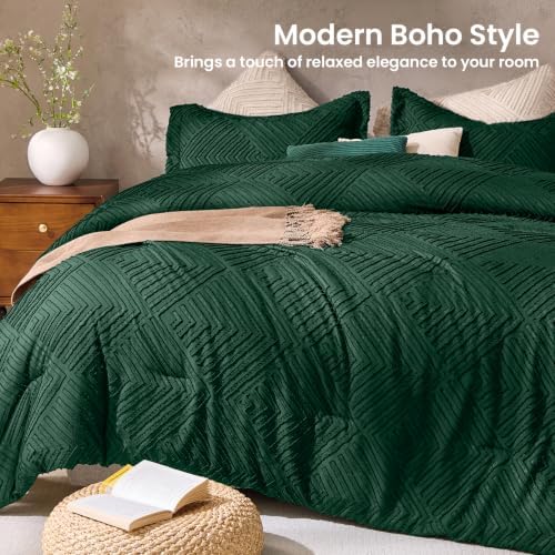 JOLLYVOGUE Full Size Comforter Set, Boho Tufted 3-Piece Bedding Set, Green