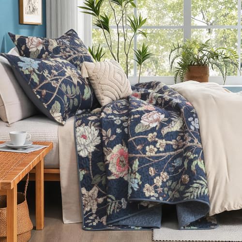 Litanika Floral Ocean Blue Quilt - 3Pcs Botanical Birds Pattren Bed Set