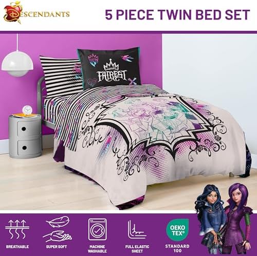 Jay Franco Kids Comforter Set Includes Sheets and Pillow Cover - Soft and Cozy Bed Set for Stylish Room Décor, Multi - Descendants, 5 Piece Twin