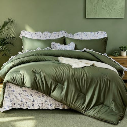 WONGS BEDDING 8PC King Comforter Set, Ruffle Comforter with Floral Sheets