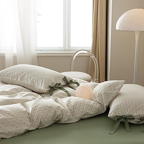 mixinni Red Floral Duvet Cover Set King Size - 100% Cotton Green Grid Bedding with Bow Ties, 3PC Cottagecore Comforter Cover (1 Duvet Cover + 2 Pillowcases) Vintage Garden Style Soft Aesthetic