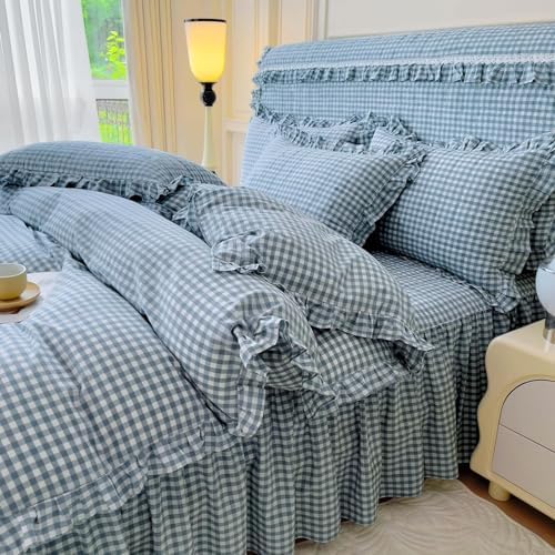 LifeTB Blue Gingham Comforter Set Full Size Ruffle Plaid Grid Bed Comforter Set with 2 Pillowcases Lightweight Gingham Bedding Set Soft Fluffy Farmhouse Plaid Checkered Pattern Comforter Full Size