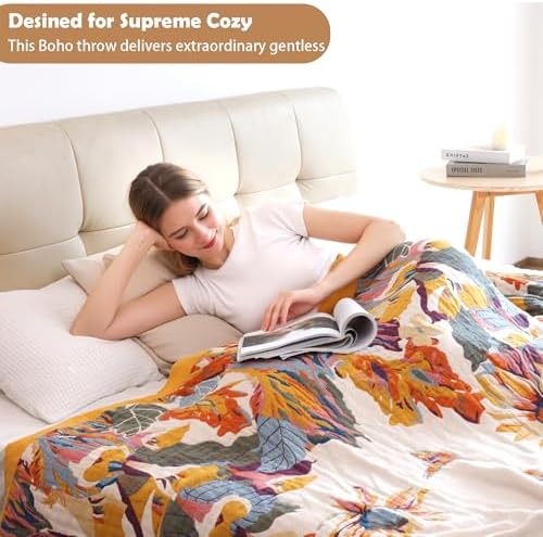 VANJOROY Boho Large Throw Blanket, 100% Organic Cotton Breathable Soft Bed King Throw - Fall Floral Bird Butterfly Farmhouse Decor Blanket for Sofa Couch Chair and Gift. 91" x 98"