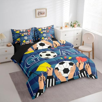 Erosebridal Nacy Blue Boys Kids Football Gaming King 7-Piece Comforter Set | Striped Geometric Sheets and Pillowcases Ball Games Bed in A Bag Playground Soccer Bed Sets