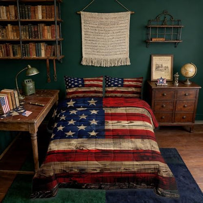 Castle Fairy American Flag Comforter Set Queen Size for Children Gift, Wooden Planks Painted as USA Flag Patriotic Country Style, Room Decorative Quilt Set with 2 Pillowcases, Ultra Soft