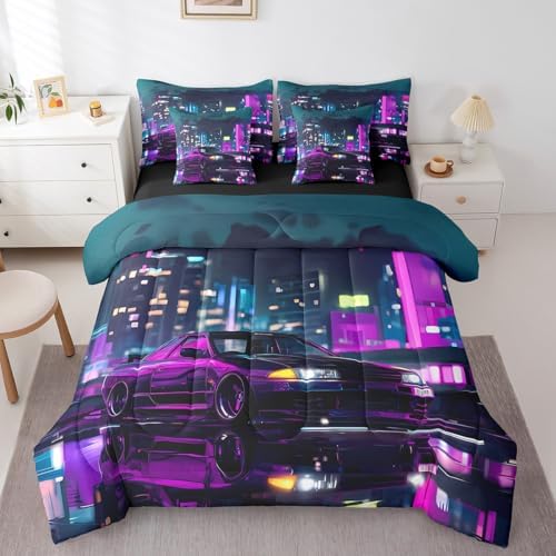 Neon Purple Car 7 Pieces Bedding Set Queen Size,Cool Race Car Bed in a Bag,Extreme Sports Gaming Bed Set Includes Comforter,Sheet Set,Pillowcases & Pillow Covers,City Night Scene Bedroom Decor