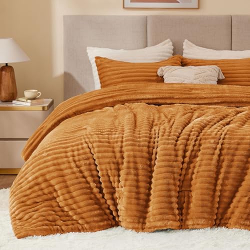 BEDELITE Fleece King Comforter Set, Fluffy Bed Set, Rust Orange