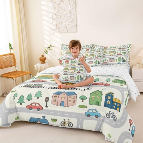 Erosebridal 7 Pcs Cartoon City Car Bedding Set King Size Cute Bicycle Train Kids Comforter Set with Sheets Multicolor Cityscape Bed in A Bag for Boys Girls Transportation Road & Railway Bed Sets