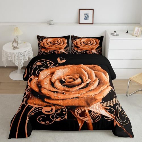 Feelyou Orange Rose Floral Comforter Set King Size Couple Valentine's Day Botanical Comforter for Girls Women Lover Music 3D Printed Blossom Flowers Bedding Set Romantic Duvet Set