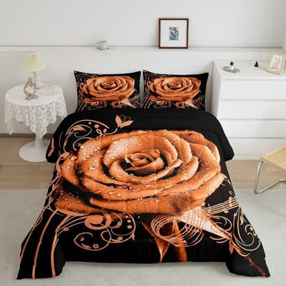 Feelyou Orange Rose Floral Comforter Set King Size Couple Valentine's Day Botanical Comforter for Girls Women Lover Music 3D Printed Blossom Flowers Bedding Set Romantic Duvet Set