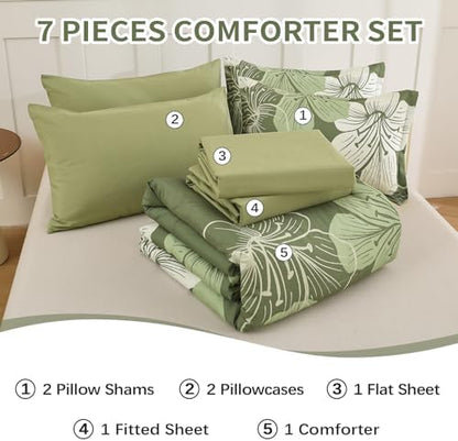 Olive Green Comforter Set Queen Size, 7 Pieces Floral Bed in a Bag