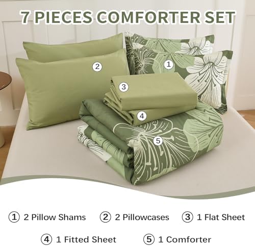 Luxudecor Olive Green Comforter Set King Size, 7 Pieces Floral Bed in a Bag