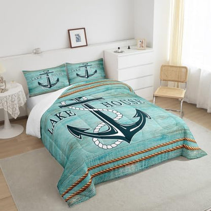 Manfei Anchor Comforter Set King Size, Nautical Theme Blue Wooden Plank Down Comforter with 2 Pillowcases, Lake House Bedding Set 3pcs for Kids Boys Teen Bedroom Decor Lightweight Duvet Insert
