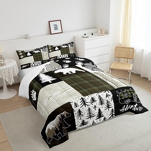 Bear Comforter Set Queen Size,Pine Trees Animals Hunting Bedding Set for Kids Boys Girls Adults Room Decor,Camping Adventure Rustic Farmhouse Down Comforter,Green Plaids Duvet Insert,2 Pillowcases