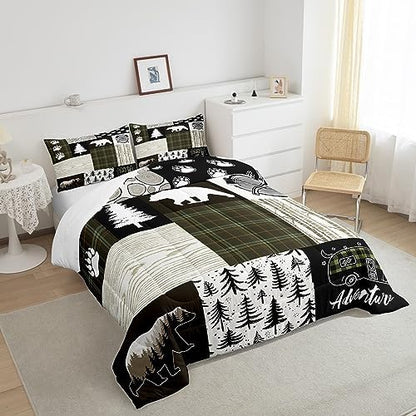 Bear Comforter Set Queen Size,Pine Trees Animals Hunting Bedding Set for Kids Boys Girls Adults Room Decor,Camping Adventure Rustic Farmhouse Down Comforter,Green Plaids Duvet Insert,2 Pillowcases