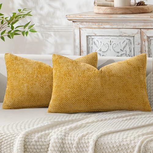 MIULEE Decorative Lumbar Throw Pillow Covers 12x20 in Mustard Yellow 2 Pack