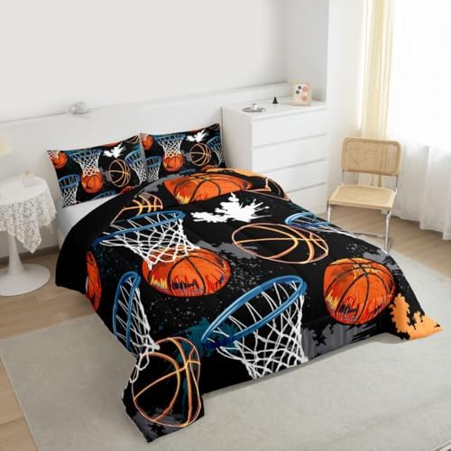 Castle Fairy Basketball Comforter Set Queen Size Hip Hop Graffiti Tie Dye Bedding Set 3pcs for Kids Teens Boys Room Decor Ball Sports Gaming Quilted Duvet Modern Fashion Bedspread,2 Pillowcases