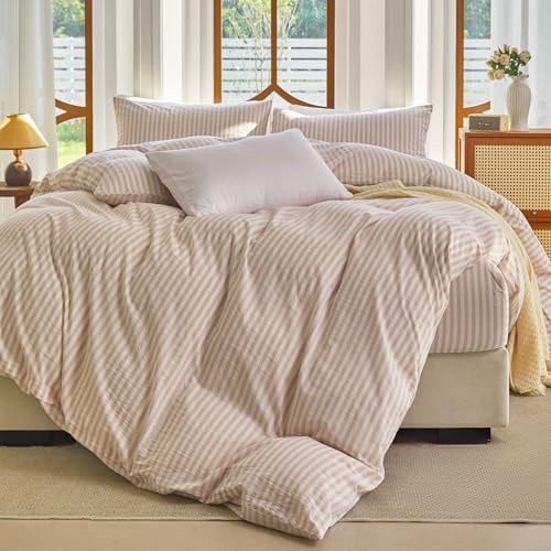 Striped Duvet Cover Set King Size 100% Washed Cotton Linen Feel 3 Piece Bedding Set Comfy Breathable (King, Classic Stripe-Greyish Pink/White)