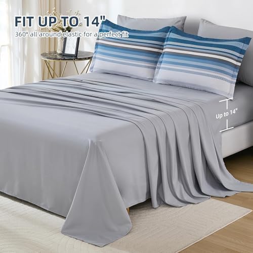 Dobuyly Grayish Blue King Size Comforter Set 7 Piece, Boho Striped Bed in a Bag Soft Microfiber All Season, Blue and Grey Bedding Set with Comforter, Sheets, Pillowcases & Shams