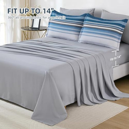 Dobuyly Grayish Blue Comforter Full Size Set 7 Pieces, Boho Striped Bed in a Bag Full Soft Microfiber All Season Grey Bedding Set with Comforter, Sheets, Pillowcases & Shams