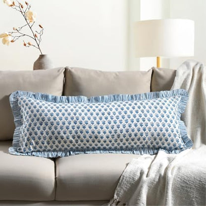 CPC Block Print Apatite Blue Ruffle Cotton Lumbar Pillow Cover 14x36 inch