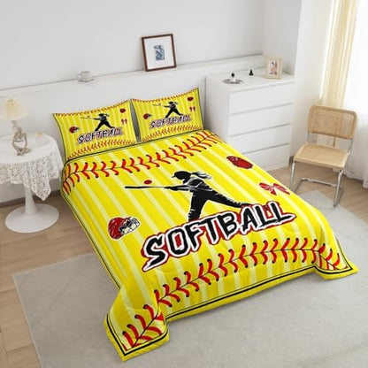 Homewish Teens Softball Player Comforter Set Queen Size,Sports Softball Bedding Set for Kids Boys Girls Bedroom Decoration,Gloves and Hats Bed Duvet Insert,Yellow Red Comforter with 2 Pillowcases