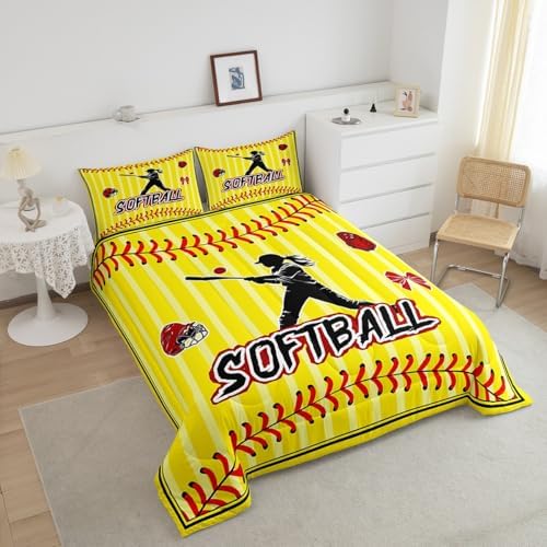 Homewish Softball Player Comforter Set,Sports Softball Bedding Set for Kids Girls Women,Adults Gloves and Hats Comforter,Yellow Red Quilted Duvet Set Bedroom Collection Twin Size 2Pcs