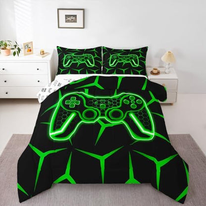 Feelyou Gamer Bedding Set Toddler Size Gaming Duvet Quilt for Kids Teens Adults Game Controller Comforter Set Geometric Gamepad Green Room Decor 2Pcs with 1 Pillow Case