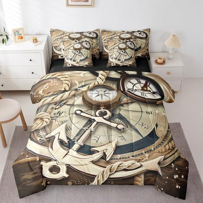 Erosebridal 7Pcs Nautical Compass Comforter Set Queen Size,Vintage Anchor Bedding Set,Retro Navigation Bed in A Bag for Women Men Adults,Coastal Ocean Sheet Set with Comforter