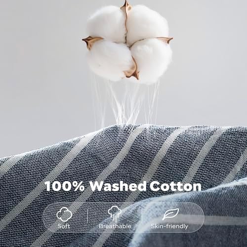 JELLYMONI Cotton Duvet Cover Queen Size - Blue Vertical Pinstriped Comforter Cover with Button 100% Washed Cotton 3PCS Breathable Soft Solid Bedding Set Duvet Cover 90×90in & 2 Pillowcases