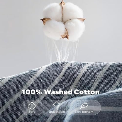 JELLYMONI Cotton Duvet Cover Full Size - Blue Vertical Pinstriped Comforter Cover with Button 100% Washed Cotton 3PCS Breathable Soft Solid Bedding Set Duvet Cover 80×90in & 2 Pillowcases