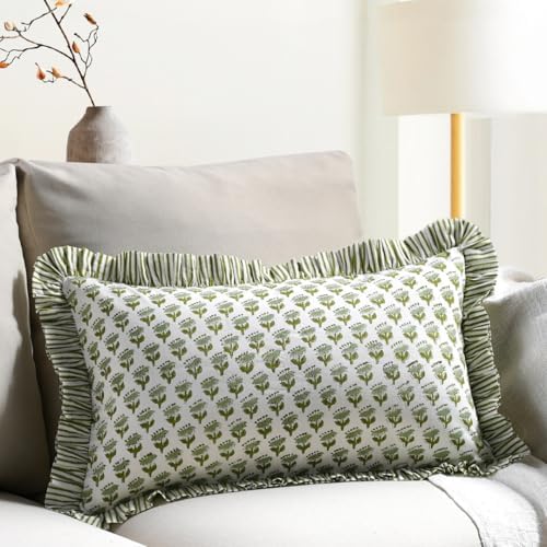 CPC Block Print Emerald Green Ruffle Cotton Lumbar Pillow Cover 12x20 inch