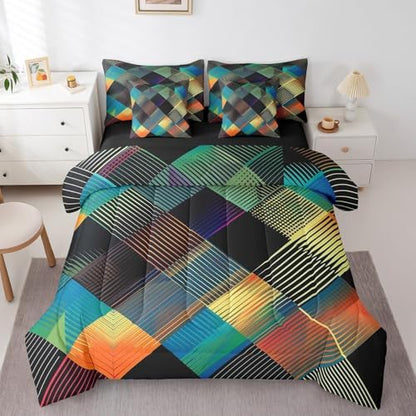 Erosebridal Luxury Diamond Geometric Bed in A Bag with Sheets Twin Colorful Checkered 7 Piece Comforter Set Modern Abstract Stripes Bedding Set,Watercolor Patchwork Bedding Comforter Sets