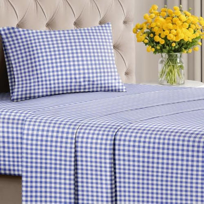 Twin XL 3 Piece Striped Sheet Set - Breathable & Cooling - Blue Gingham
