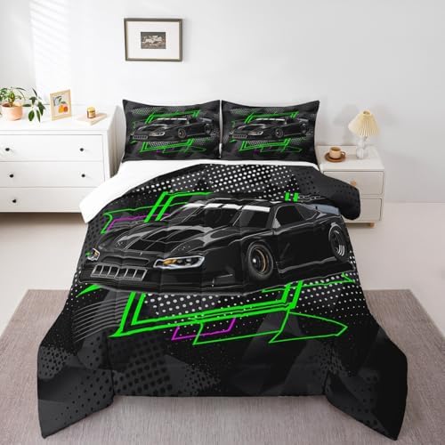 Manfei Racing Car Comforter Set King Size, Black Speeding Sports Car Quilt Set with 2 Pillowcases, Extreme Sports Theme Bedding Set 3pcs for Kids Boys Teens Bedroom Decor