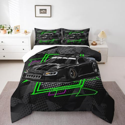 Manfei Racing Car Comforter Set King Size, Black Speeding Sports Car Quilt Set with 2 Pillowcases, Extreme Sports Theme Bedding Set 3pcs for Kids Boys Teens Bedroom Decor