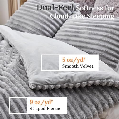 Sasttie Fluffy Queen Comforter Set, 3 PC Soft Fleece Bedding, Light Grey