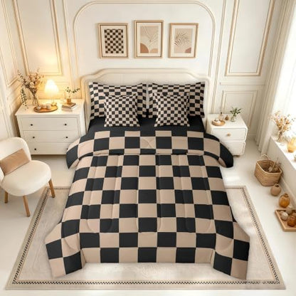 Checkered Retro Comforter Set With Sheets 7 Piece Queen Size Brown Plaid Bed in a Bag Kids Boys Girls Geometric Vintage Bedding Set Modern Simple Groovy Aesthetic Bedroom Decor Breathable Soft