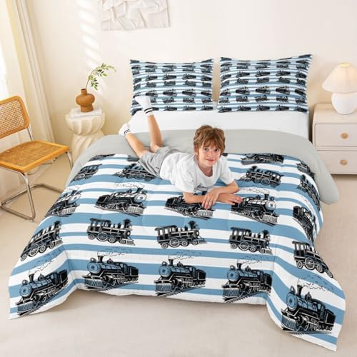 Feelyou Retro Train Comforter Set King Size Vintage Steam Locomotive Down Bedding Set for Kids Boys Girls Blue White Geometric Stripes Duvet Quilt Bedroom Decor Microfiber 3 Pcs with 2 Pillow Cases