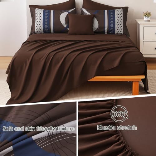 Blue Brown Comforter Set King Size,8 Pieces Patchwork Striped Bed in a Bag