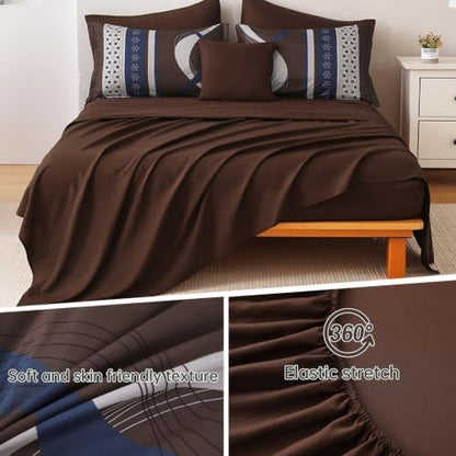 Blue Brown Comforter Set King Size,8 Pieces Patchwork Striped Bed in a Bag