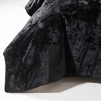 Fredsure Distressed Velvet Comforter Set, 5 Pieces Black Queen, Distressed Velvet Face and Brushed Microfiber Reverse